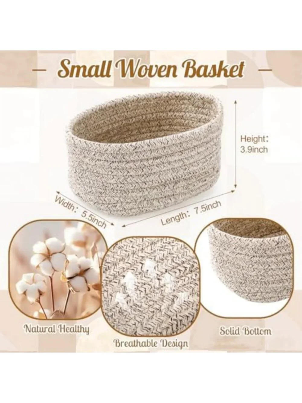 10 Pack Small Woven Storage Baskets - Cotton Rope & Linen Organizers